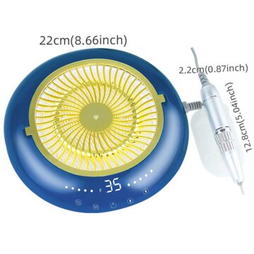 Aspiratore unghie circolare, misure 22 cm, con attacco fresa unghie, misure 12,8 cm x 2,2 cm.