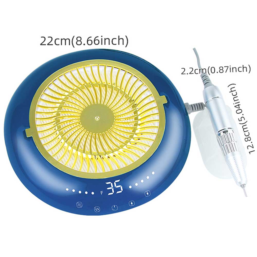 Aspiratore unghie circolare, misure 22 cm, con attacco fresa unghie, misure 12,8 cm x 2,2 cm.