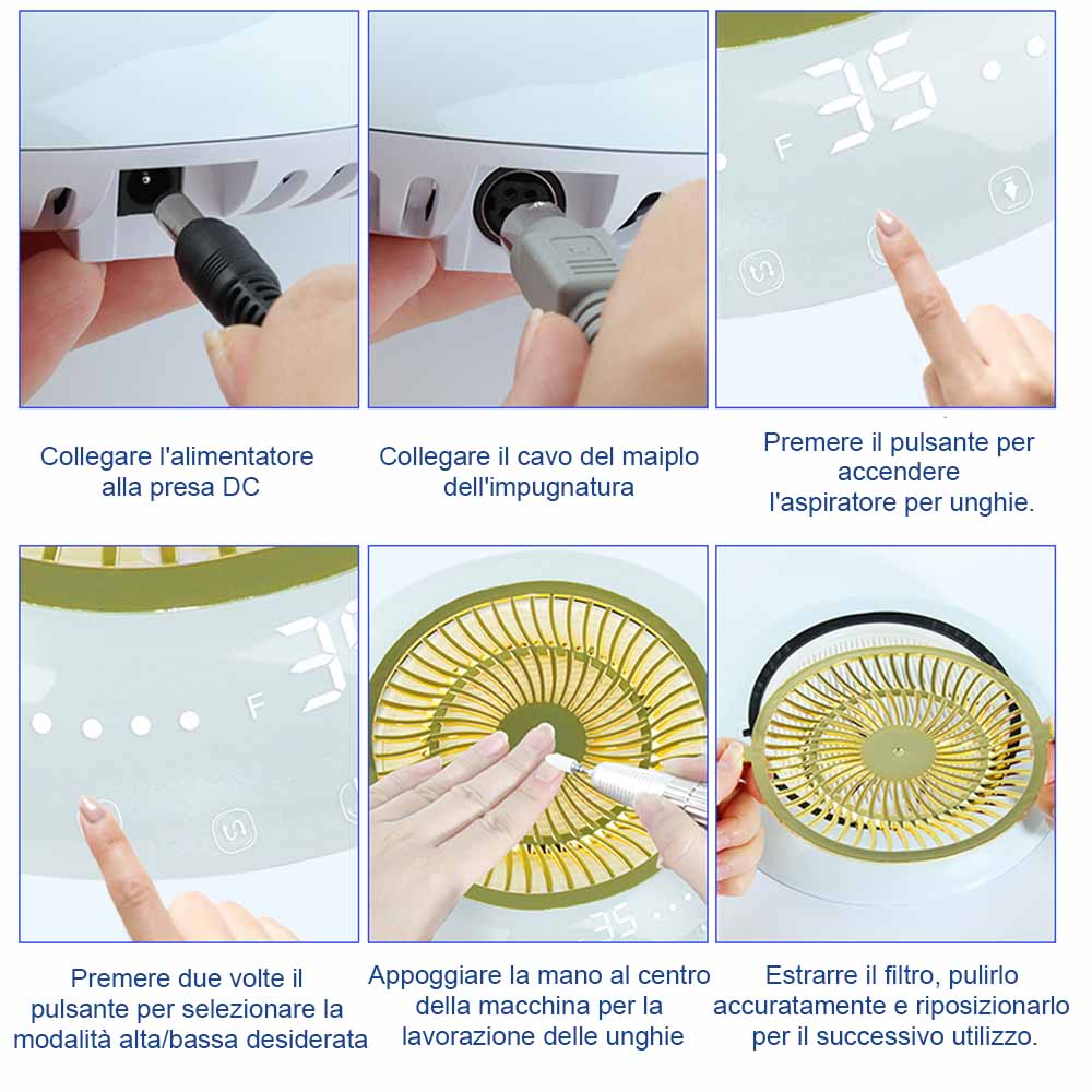 Istruzioni su collegamento fili fresa unghie e alimentazione, e sul funzionamento dell'aspiratore unghie e della pulizia di manutenzione.
