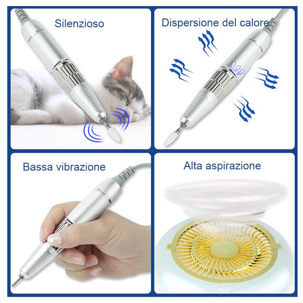 Questo aspiratore unghie ha una forte potenza aspirante e la fresa è silenziosa, contiene le vibrazioni e non diventa troppo calda grazie al sistema di dispersione del calore.