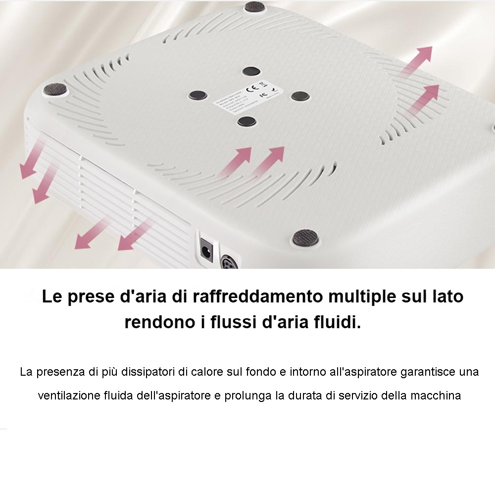 Aspiratore unghie multiuso portatile che non si surriscalda grazie ad un controllo di flussi d'aria fluidi.