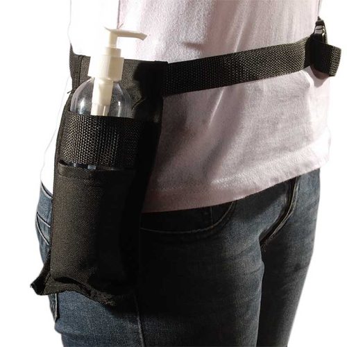 cintura porta olio, in nylon nero, regolabile, indossata, universale