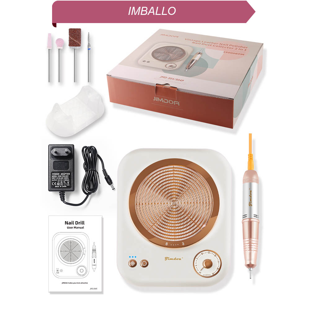 Aspiratore unghie professionale portatile con fresa unghie e punte incluse nell'imballaggio.