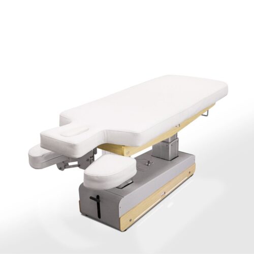 Lettino da massaggio elettrico modello Tensor SwopS4 completo di tutti gli accessori, imbottitura color bianco e pannello color legno chiaro.