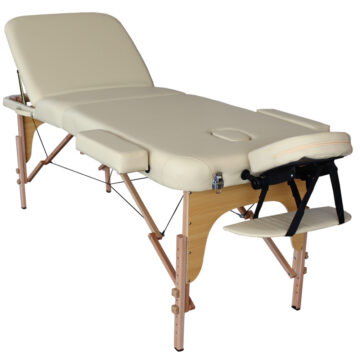 Lettino da massaggi portatile professionale , color beige, con schienale regolabile. Foro opposto allo schienale.