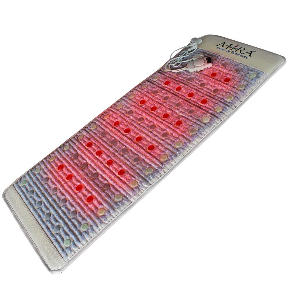 materasso biomagnetico di mira sas, con pietre di ametista, giada e tormalina, con biofotoni, beige, con luci infrarossi accese