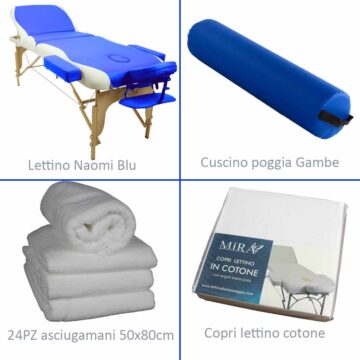 set di 4 articoli per massaggio in offerta, che include un lettino da massaggio portatile, cuscino poggia gambe, 24 asciugamani e copri lettino in cotone