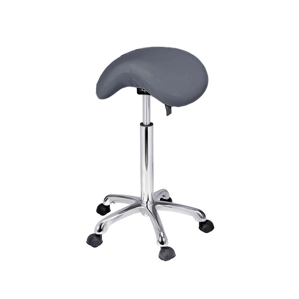 sgabello girevole, a sella di cavallo, color grigio e stativo acciaio